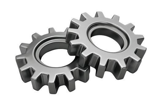 Two metallic gears interlocked, symbolizing teamwork, industry, and mechanical engineering, against a transparent background. png
