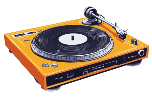 Retro-inspired orange turntable with vinyl record spinning. Perfectly captures nostalgic vibes and vintage music charm. png
