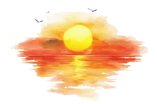 Stunning watercolor painting depicting a serene sunset over a calm ocean. Beautiful blend of warm colors creating a peaceful ambiance. png
