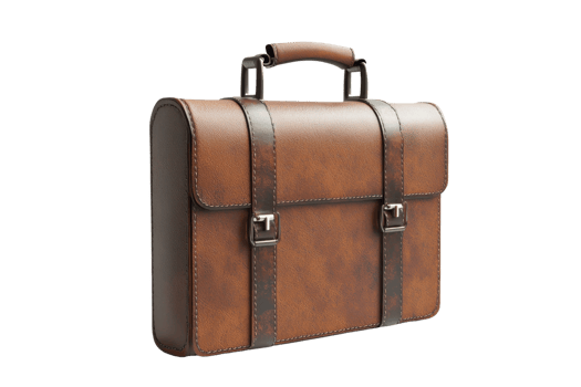 Elegant brown leather briefcase with buckle straps, isolated on transparent background. Ideal for business professionals and office use. png