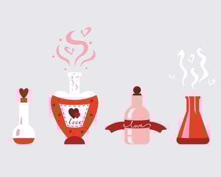 Set cute love potion bottle and flask of love drink. Decoration for menu or postcard and poster for happy valentine's day. illustration in flat cartoon style vector
