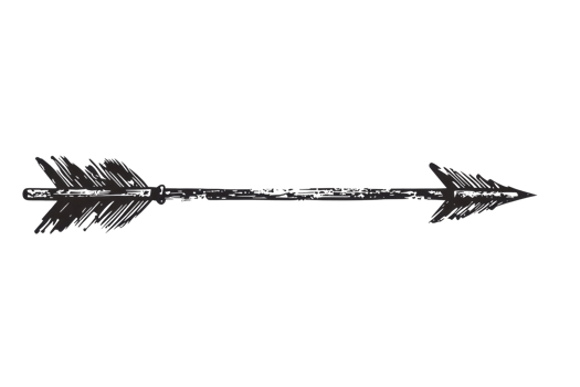 High-resolution image of a hand-drawn black arrow with detailed fletching, pointing right, isolated on a transparent background. perfect for design projects. png