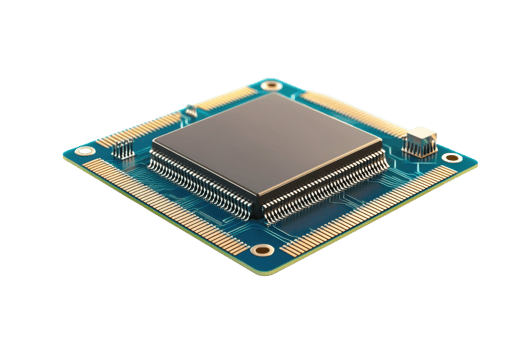 High-resolution close-up of a microchip, showcasing intricate electronic components on a printed circuit board. png