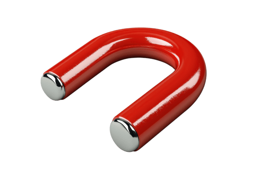 High-quality image of a red U-shaped magnet with shiny silver ends, used in magnetic studies, education, and physics experiments. png