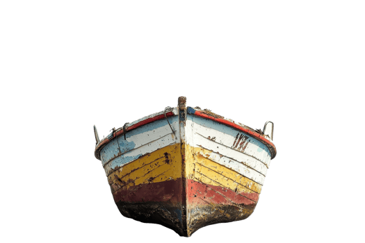 Front view of an old, colorful wooden boat isolated on a transparent background. showing weathered paint and wear. png