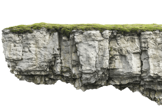 Isolated rock cliff with green vegetation on top, perfect for nature and landscape use in design projects or backgrounds. png