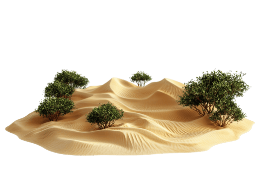 Isolated desert landscape with sand dunes and sparse vegetation. A representation of arid scenery in a minimalist style. png