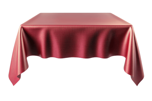 Elegant red satin tablecloth draped over a square table, creating a luxurious and sophisticated setting for dining or special occasions. png