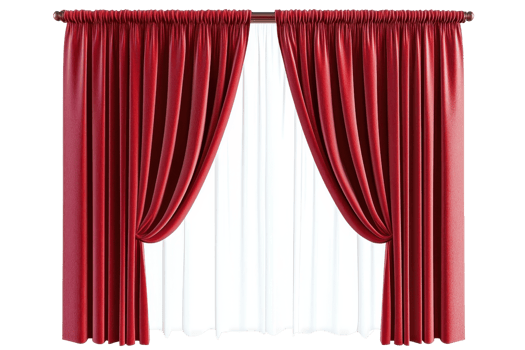 Elegant red curtains with open drapes revealing a white sheer background, showcasing classic home decor and interior design elements. png