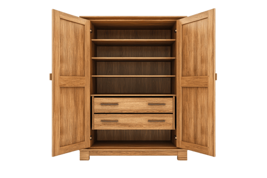 Empty wooden wardrobe with open doors showcasing interior with shelves and drawers, ready for use in a home or office setting. png
