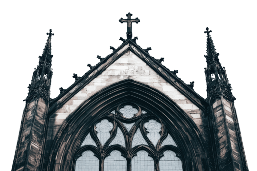 Gothic architecture of a historic church with ornate details and stained glass windows, showcasing intricate craftsmanship and religious symbolism. png