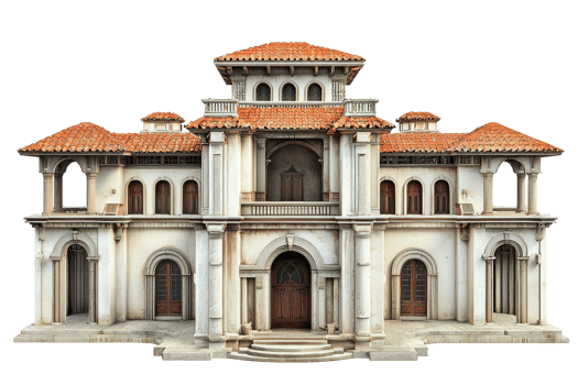 Historic mansion with intricate architectural details and red-tiled roofs, showcasing classic design elements and grandiose structure. png