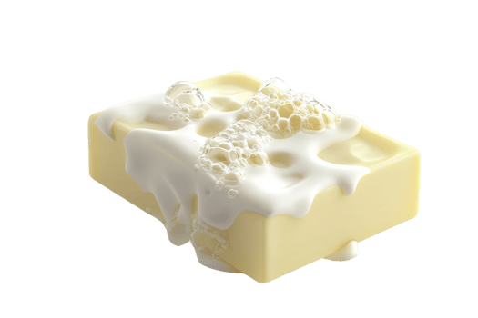 Melted soap bar with foamy bubbles on top, isolated on a transparent background. emphasizing cleanliness, hygiene, and bath time. png