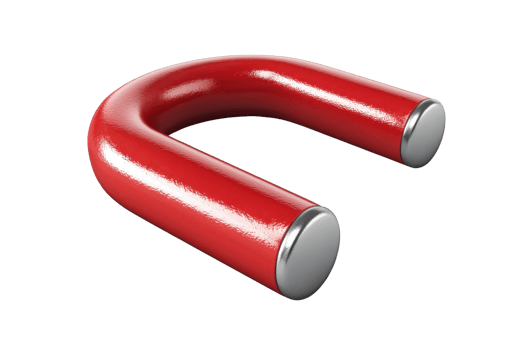 Red U-shaped horseshoe magnet isolated on transparent background. industrial tool for magnetic attraction and educational use. png