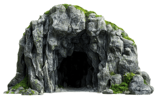 Rocky cave entrance covered in green moss, ideal for nature, adventure, and exploration themes. Perfect for illustrating mysterious caves. png