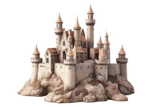 Majestic medieval castle perched on rocky hilltop, featuring turrets and stone walls. Perfect for fantasy and historical themes. png