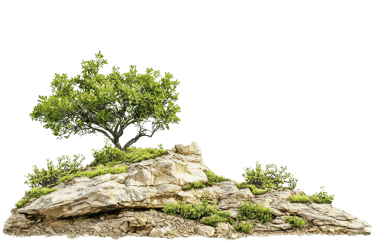 Lone tree growing on a rocky outcrop with green foliage, perfect for natural landscapes and outdoor scenes. png
