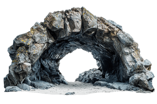 Natural stone arch formation with rugged rocks and sandy ground, isolated on transparent background. Perfect for nature and geology themes. png