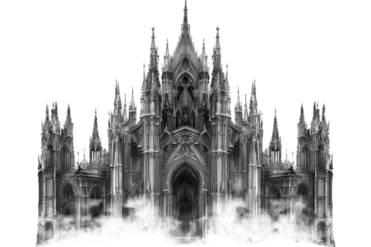 Majestic gothic cathedral with intricate stone architecture, surrounded by mysterious mist, evoking a sense of awe and wonder. png