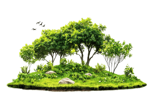 Lush green forest island with trees, shrubs, and rocks, isolated on transparent background. showcasing natural beauty and wilderness. png