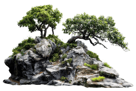 Realistic rocky landscape with vibrant green trees and lush vegetation, perfect for nature-themed projects or background images. png