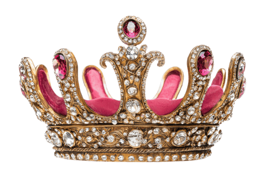 Ornate golden crown adorned with pink jewels and diamonds on red velvet cushion, symbol of royalty and elegance. png