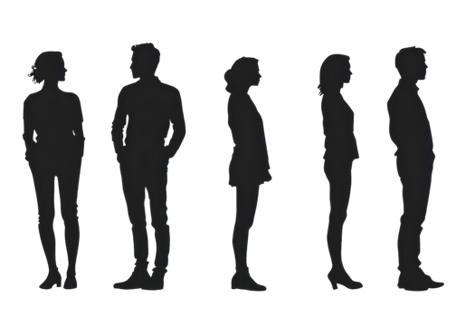 Silhouettes of five people standing in different postures, isolated on transparent background. Perfect for various design and illustration projects. png