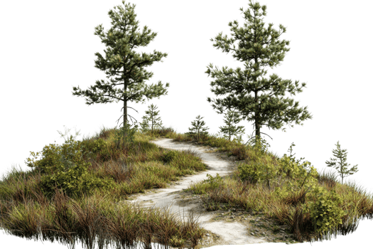 Tranquil nature scene featuring a winding dirt path through grass and trees, ideal for outdoor and nature-themed projects. png
