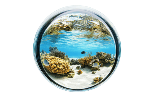 Stunning fisheye view of a vibrant underwater coral reef teeming with colorful marine life in crystal clear blue water. png