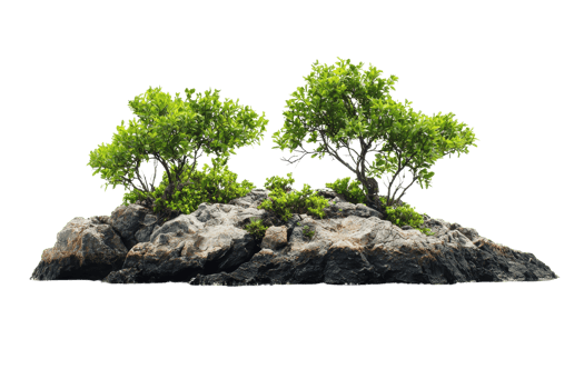 Vibrant green trees and rugged rocky outcrop isolated on transparent background. perfect for nature or landscape themes. png