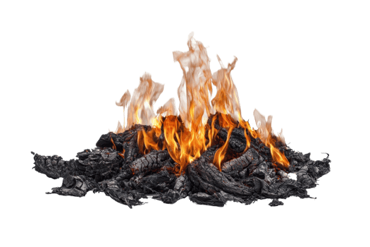 Stock photo of a blazing fire with bright flames and charcoal on a transparent background. perfect for fire safety or camping themes. png