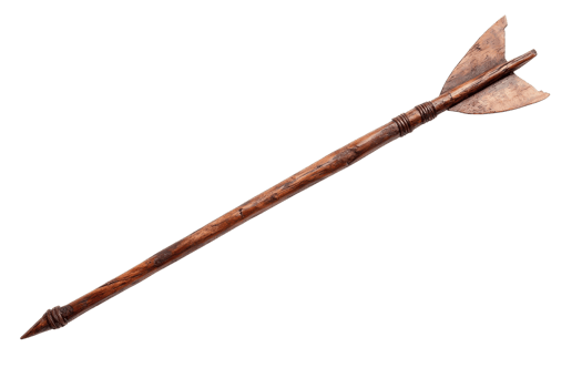 Vintage wooden arrow with a rustic finish, ideal for archery enthusiasts, historical reenactments, or as a decorative piece for a themed room. png