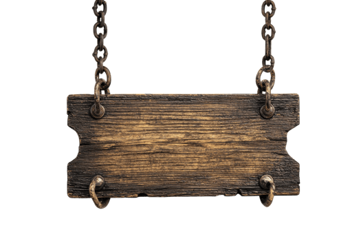 Vintage wooden sign hanging from rustic chains on a transparent background. Perfect for various design projects, advertisements, and more. png