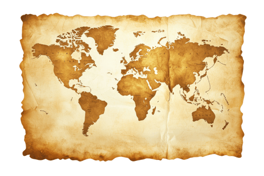 Vintage world map on aged parchment paper, depicting continents and oceans with an antique design. Perfect for travel or historical themes. png