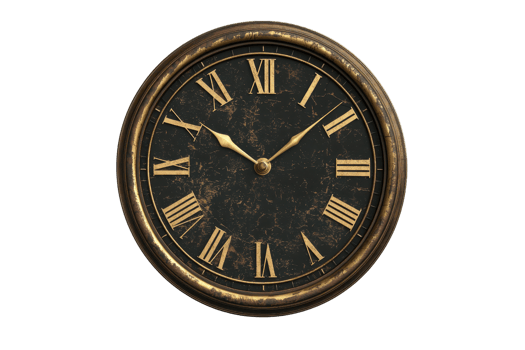 Vintage wall clock with Roman numerals, rustic design and aged face, evoking timeless elegance and classic charm for antique decor enthusiasts. png