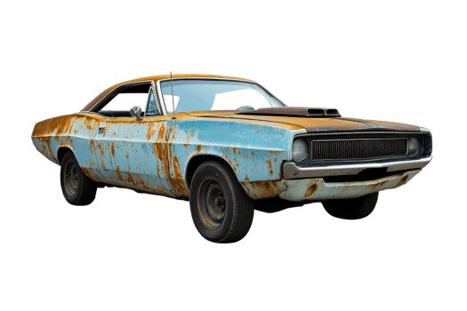 Vintage rusty car with worn paint, showcasing classic design and history. Perfect for automotive, restoration, and retro-themed projects. png