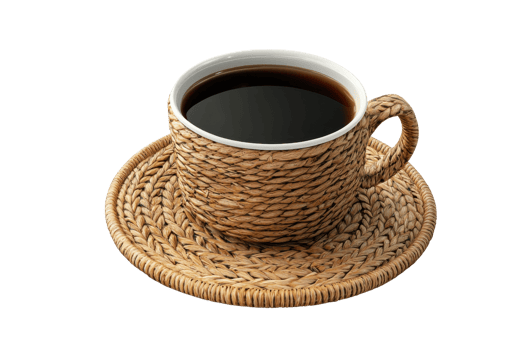 Woven cup of black coffee on a matching coaster, perfect for cozy mornings or rustic kitchen decor. png