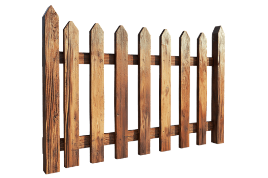 Wooden picket fence with seven vertical planks. The image is isolated on a transparent background. ideal for garden or boundary illustrations. png