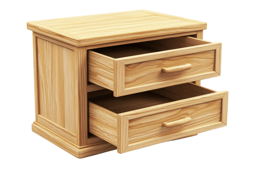 Wooden nightstand with two open drawers, showcasing elegant craftsmanship and a natural finish, perfect for bedroom storage and decor. png
