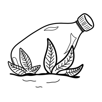 Plastic bottle in soil outline doodle illustration, plastic trash and land pollution cartoon isolated drawing png