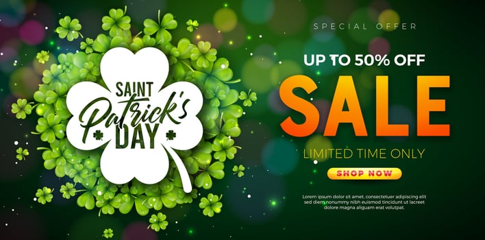 Saint Patrick's Day Sale Banner Illustration with Clover Leaves and Typography Lettering on Shiny Green Background. Irish Traditional St. Patricks Day Lucky Business Celebration Design for vector