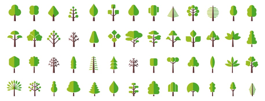 Colorful Flat Tree Stylized Icon Set. Simple Editable Trees in Modern Geometric Design vector
