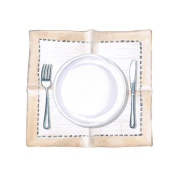 Serving set with napkin, plate and cutlery. Isolated watercolor illustration on breakfast theme for restaurant menu design, gastronomic magazines, posters, festival flyers. png