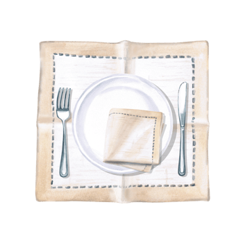 Serving set with folded napkin on plate with cutlery. Isolated watercolor illustration for restaurant menu design, gastronomic magazines, posters, festival flyers. png