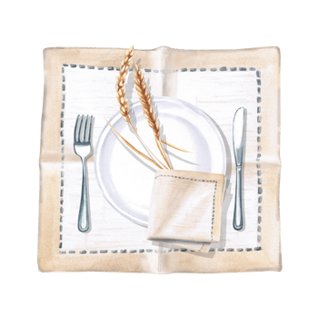 Serving set with folded napkin on plate and ears of wheat. Isolated watercolor illustration for restaurant menu design, gastronomic magazines, posters, festival flyers. png