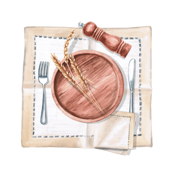 Serving set with wooden plate, spice mill and wheat ears. Isolated watercolor illustration for restaurant menu design, gastronomic magazines, posters, festival flyers. png