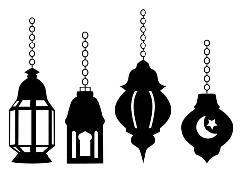 Collection of decorative hanging lantern silhouettes suitable for Islamic festive decor, product design, or artistic inspiration. vector