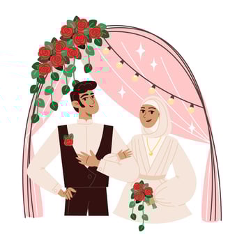 Portrait of a Young Muslim Bride and Groom at Their Wedding by a Flower-Decorated Wedding Arch vector