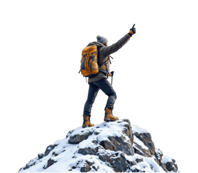 Hiker pointing to the sky while standing on snowy mountain peak with transparent background png