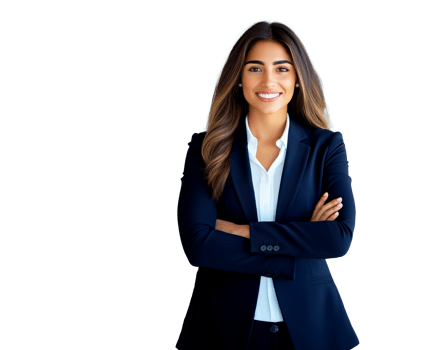 portrait spain latin young girl smiling, business woman in casual suit crossing arms on chest on transparent background png